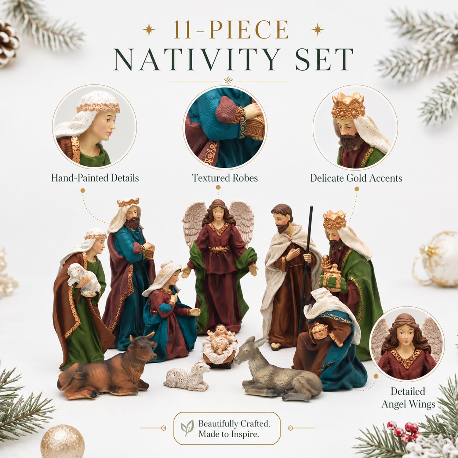 Crèche de Noël 11 pièces de 22,9 cm de haut, grande crèche de Noël Sainte | Figurines religieuses en résine peintes à la main avec bébé Jésus, Marie, Joseph, ange et mages pour décoration de table
