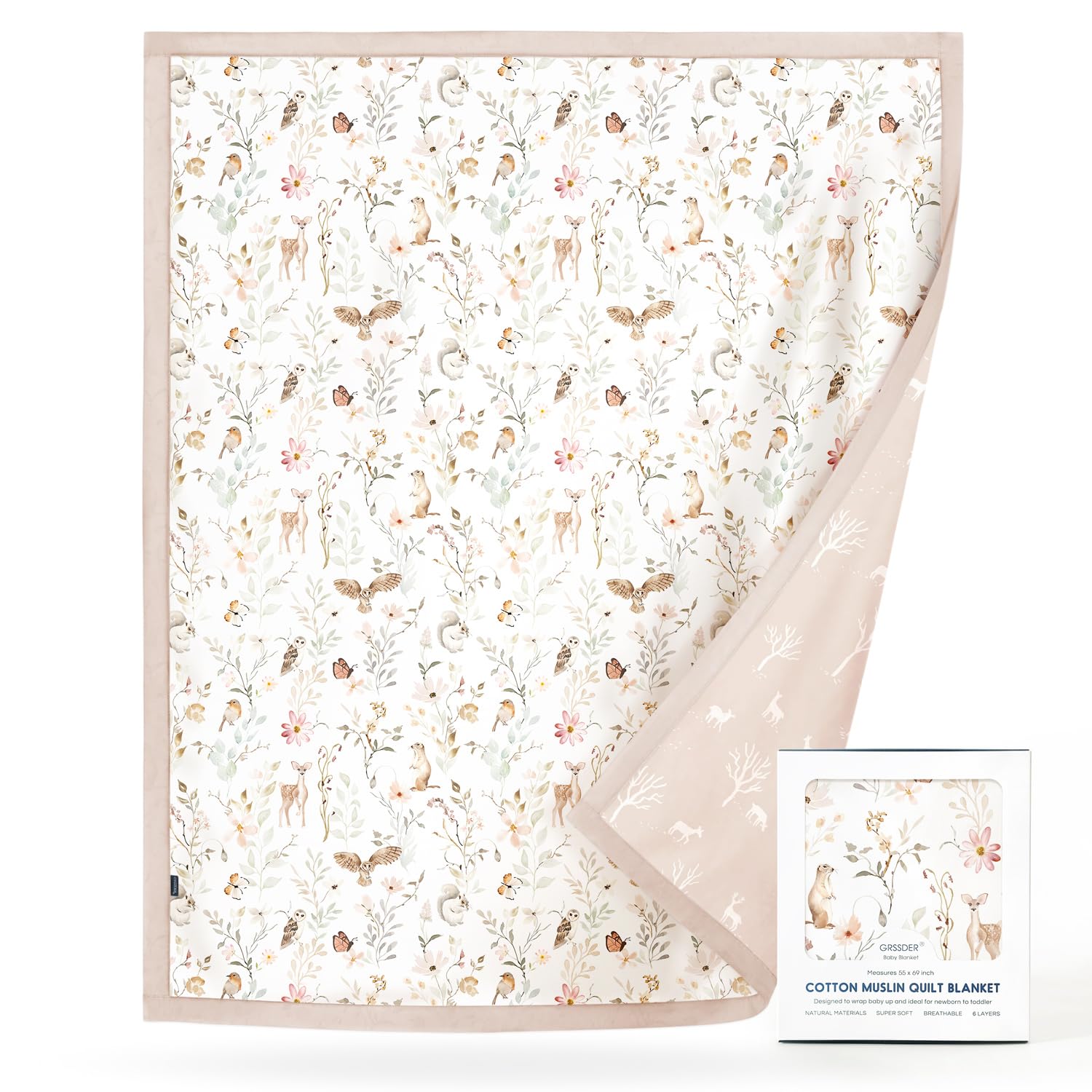 GRSSDER Cotton Muslin Quilt Blanket - Silky Soft and Breathable Kids' Throw Blanket, Oversized Muslin Blankets for Newborns, Toddlers &amp; Kids, 6 Layers Reversible Design for All Seasons, 55" x 69"