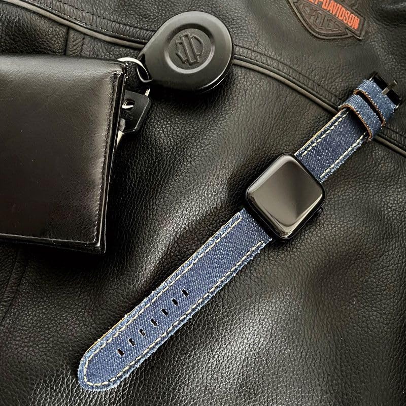 Strap compatible with Apple Watch of denim and leather. Ref AW390 Cream-Black adapter 38mm/40mm/41mm - Image 2