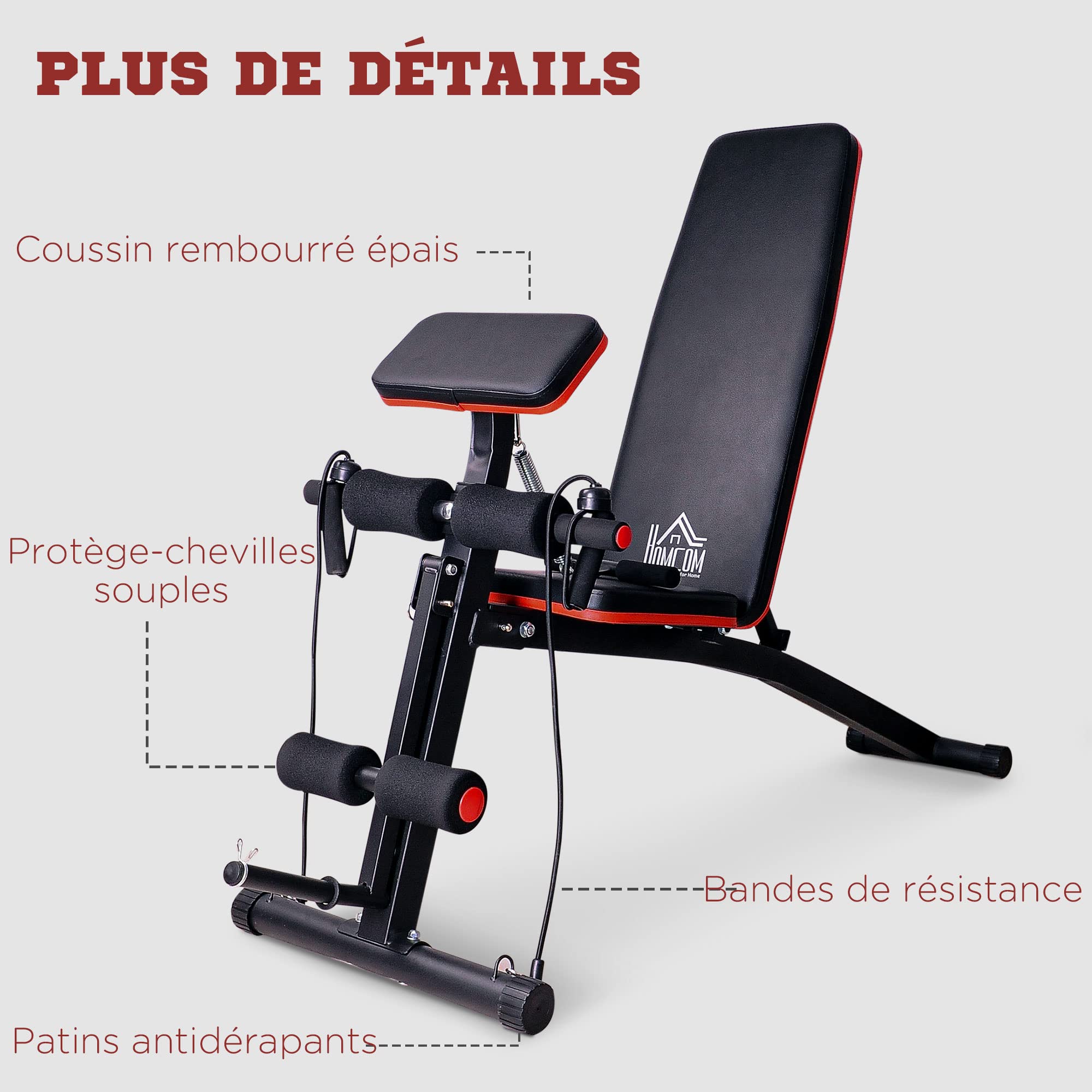 HOMCOM Banc de musculation pliable inclinable, banc réglable pour le développé couché, le curl biceps, la musculation du dos et des abdominaux, avec extenseur des jambes, acier