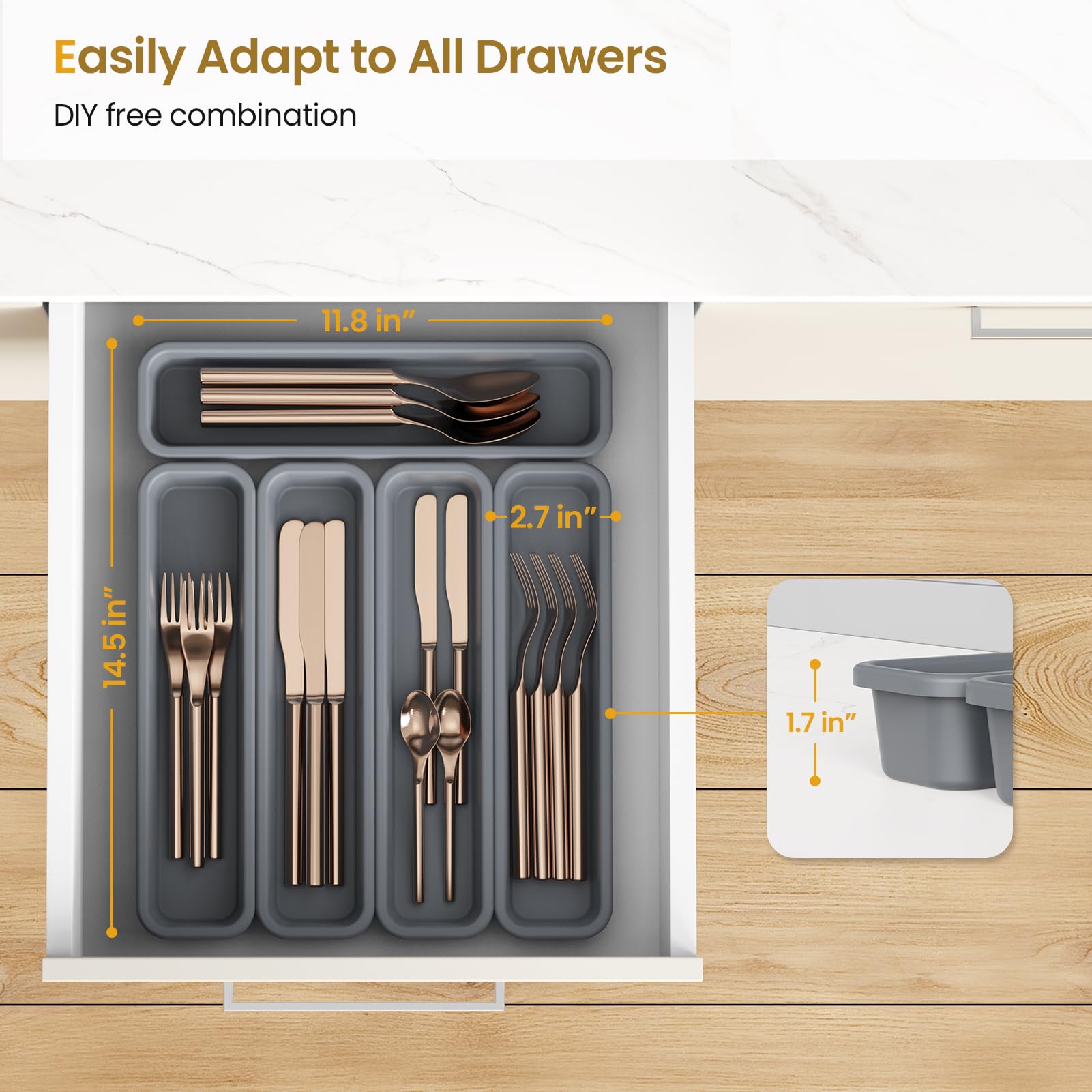 5er-Pack Silikon-Schubladen-Organizer für die Küche, DIY-freie Kombination Besteck-Organizer, Utensilien-Schubladen-Organizer, feuchte- und hitzebeständig bis zu 200°C, rutschfestes Design