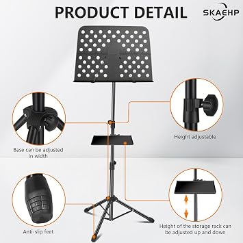 Sheet Music Stand, Metal Portable Music Stand with XL Sheet Music Folder 17 x 14, Carrying Bag, Phone Holder, Light and Clip