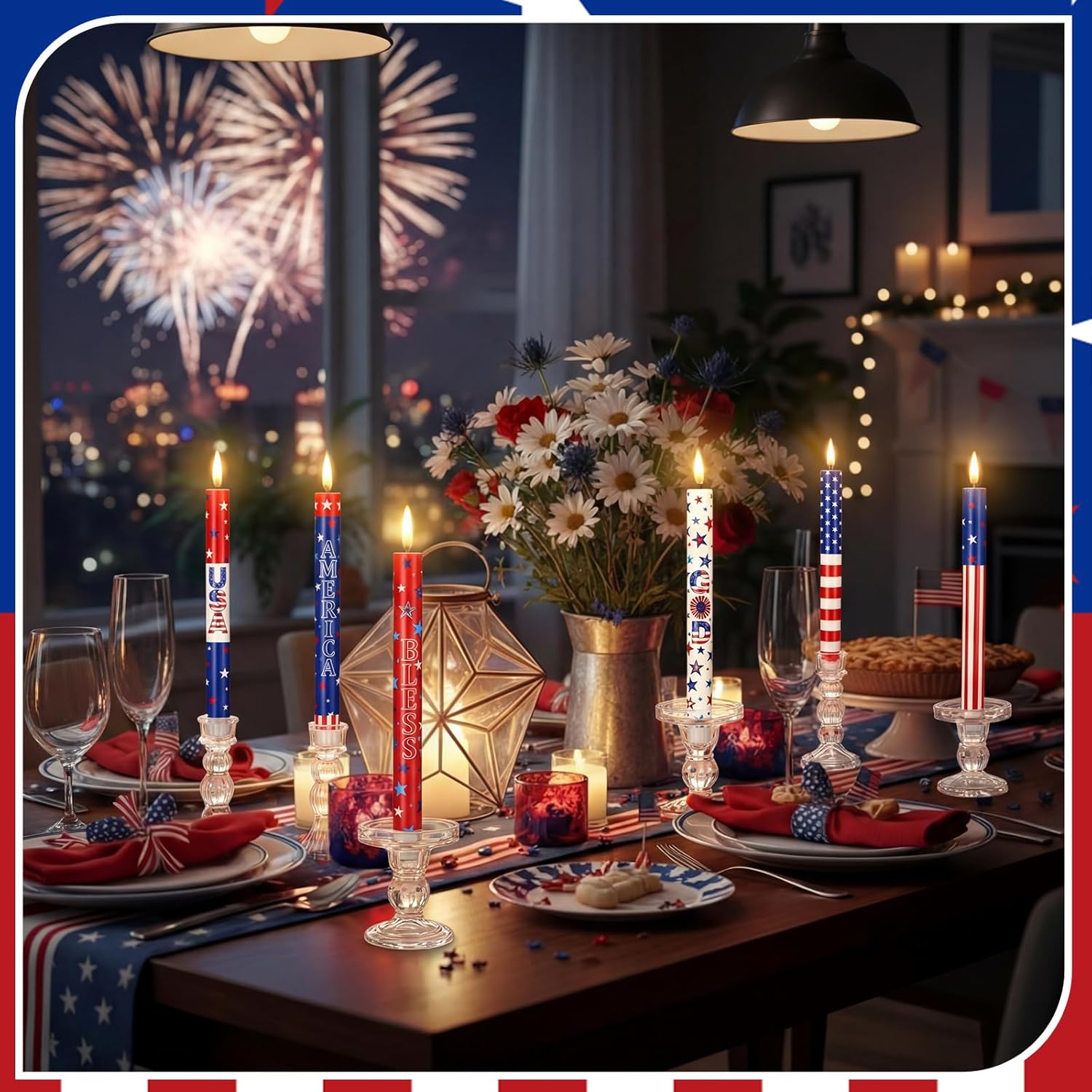 Aurelema 6 Pcs 4th of July LED Flameless Candle Set 250th Anniversary Patriotic Taper Candles Battery Operated with Remote God Bless American USA Flag Candles for Independence Day Decor Party Favors