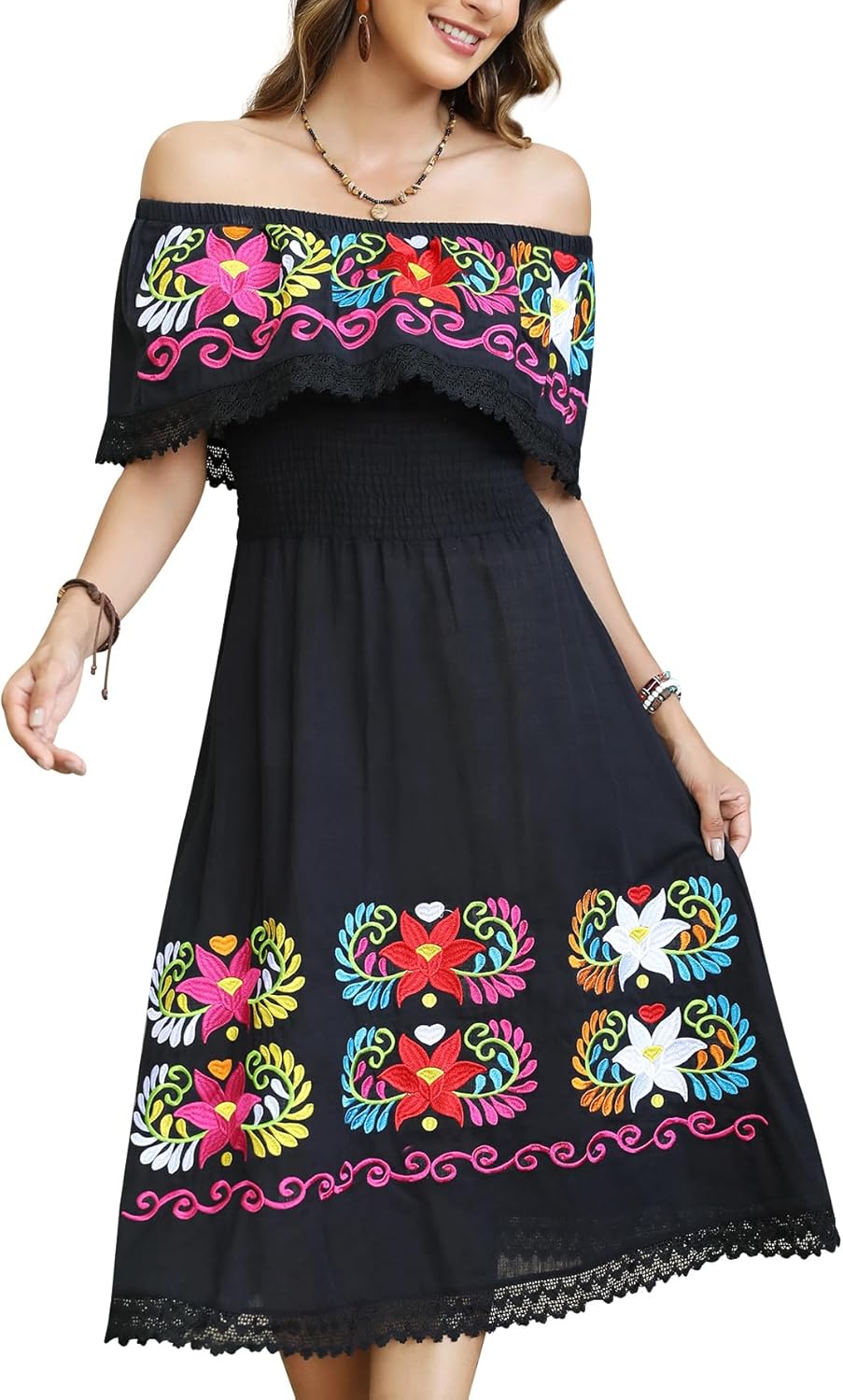 Mexican Dress for Women Embroidered Traditional Floral Fiesta Off The Shoulder Dresses Diverse Embroidered Patterns