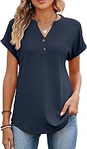 StylSense Women's Summer Cotton V-Neck Blouse Short Sleeve Tunic T-Shirt Women's Elegant Oversize Tops Basic Tops with Buttons