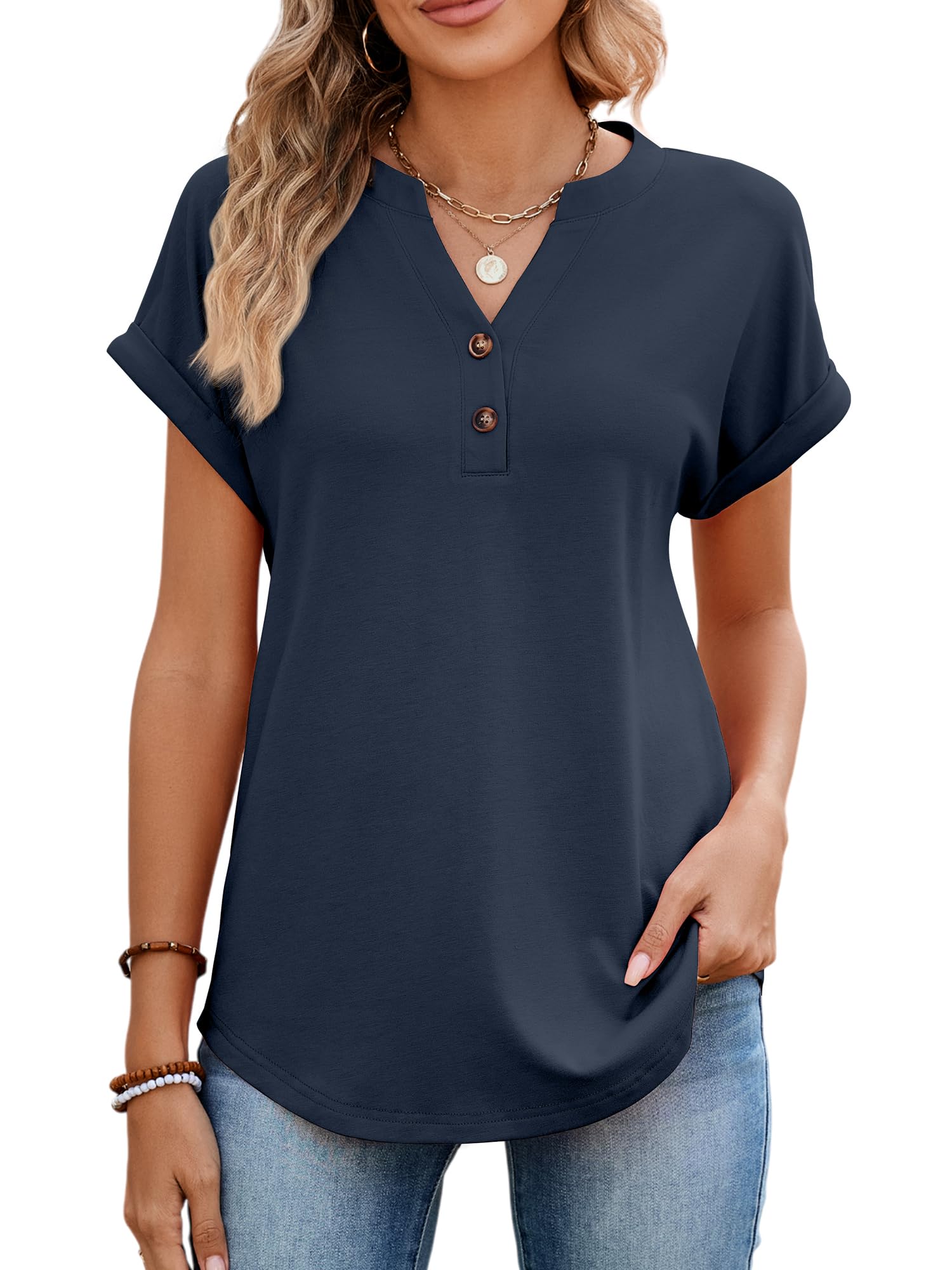 StylSense Tshirt Damen Sommer Baumwolle V Ausschnitt Bluse Kurzarm Tunika T Shirt Damen Elegant Oversize Oberteile Basic Tops mit Knöpfen