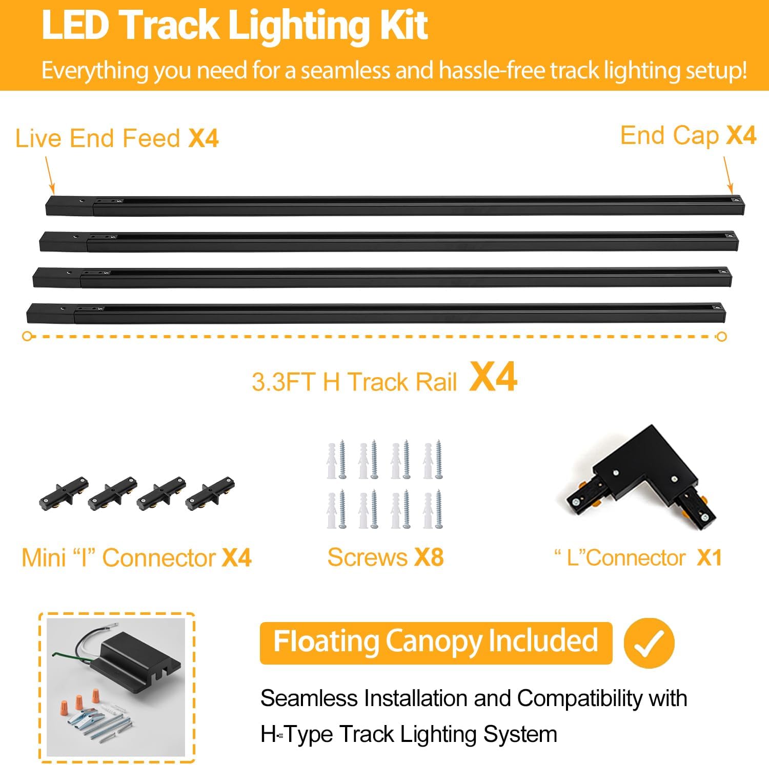 vanoopee 13ft h track lighting rails black, h type track lighting kit with floating canopy connector, end caps, live end feeds, i t & l connectors, compatible with single circuit h style track system