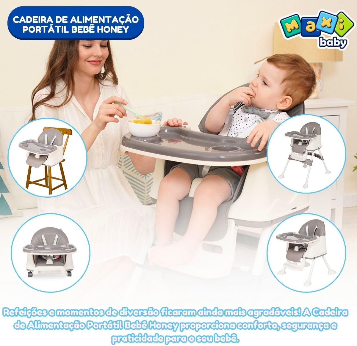 Maxi Baby Cadeira de Alimentação Portátil Bebê Honey (Cinza)