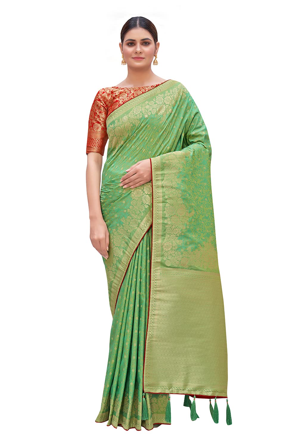 Monjolika FashionBanarasi Silk Light Green Color Beautiful Combination Golden Zari Work Saree With Separate Embellished And Embroidery Work Unsttiched Blouse Piece (4503_ Light Green)