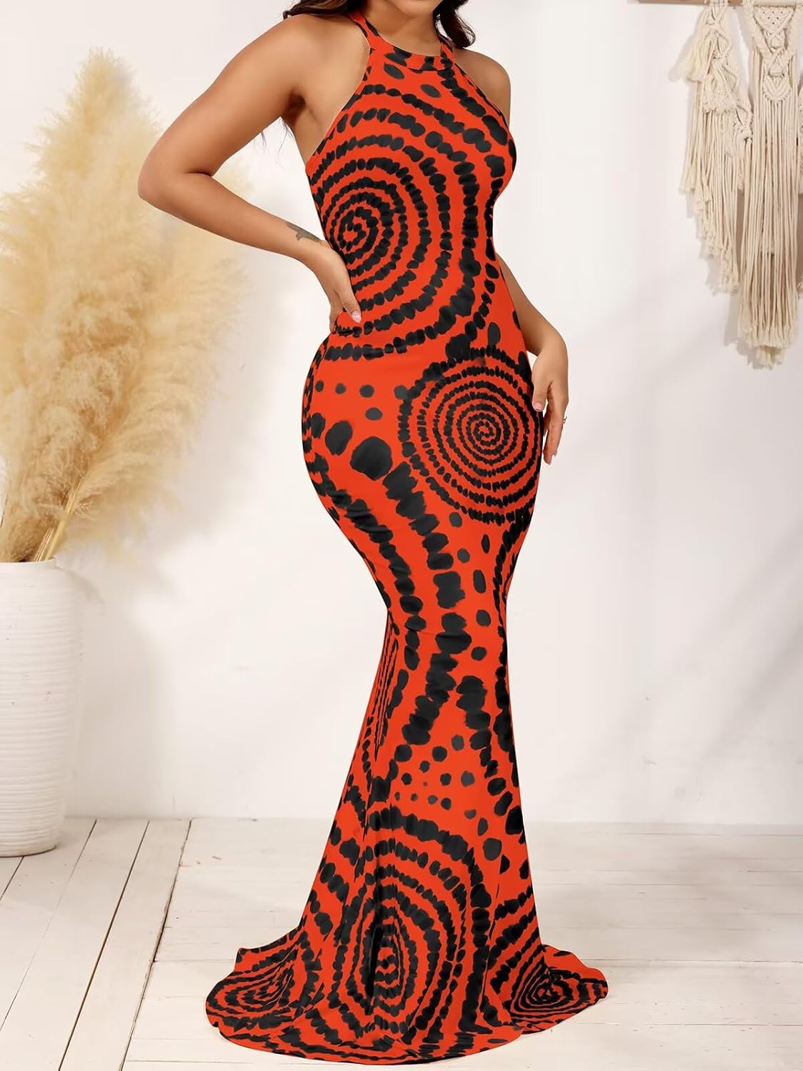 EDITCOZY Women Sexy Bodycon Maxi Dress Tie Dye Beach Summer Dresses Halter Backless Vacation Long Sundress - Image 6