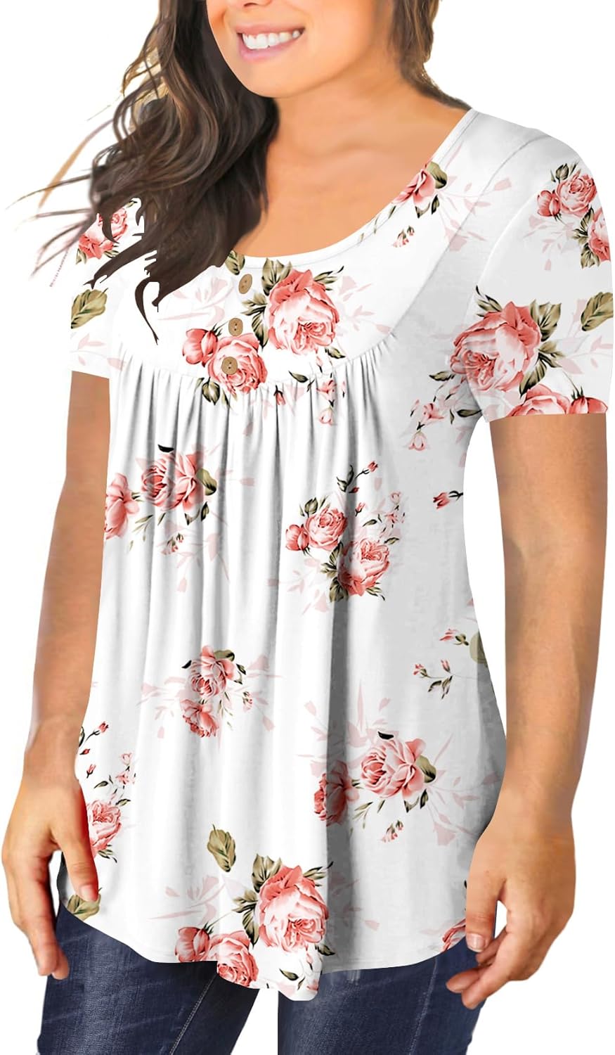 BeadChica Women's Plus Size Tunic Tops Casual Flowy Tshirts Ruched Botton Up Short Sleeve Blouses-Printed-2XL - Image 2