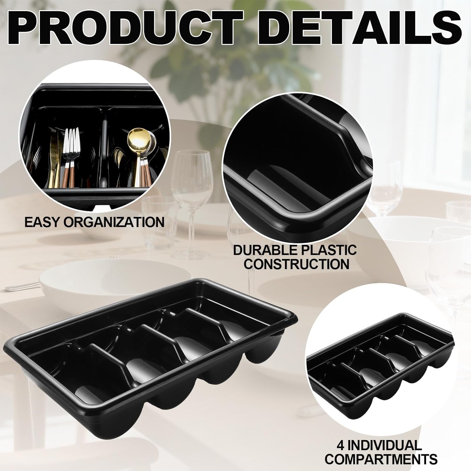 Maxdot 2 Pcs Silverware Organizer 4 Compartment Black Plastic Utensil Dispenser Flatware Drawer Silverware Tray Cutlery Holder Storage Box for Restaurant Kitchen Party Supply