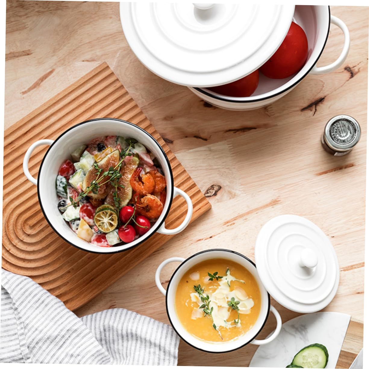 KICHOUSE 1pezzi Ciotola Per Zuppa Con Due Manici e Coperchio Resistente Al Calore e Robusta Per Cucinare Servire Yogurt Preparare Budini e Torte Facile Da Pulire e Trasportare