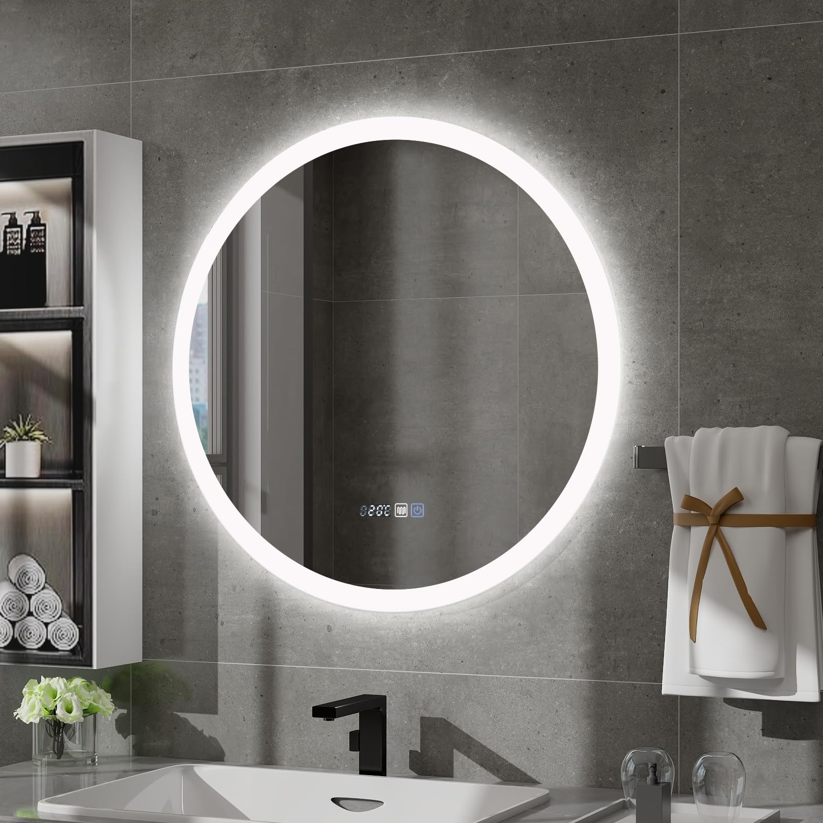 YU YUSING Specchio Bagno con Luce LED, Rotondo, 60 cm, 3 Colori, Luce Regolabili, Specchio da Parete, con Interruttore Touch e Funzione Antiappannamento, Visualizzazione del Tempo, IP44