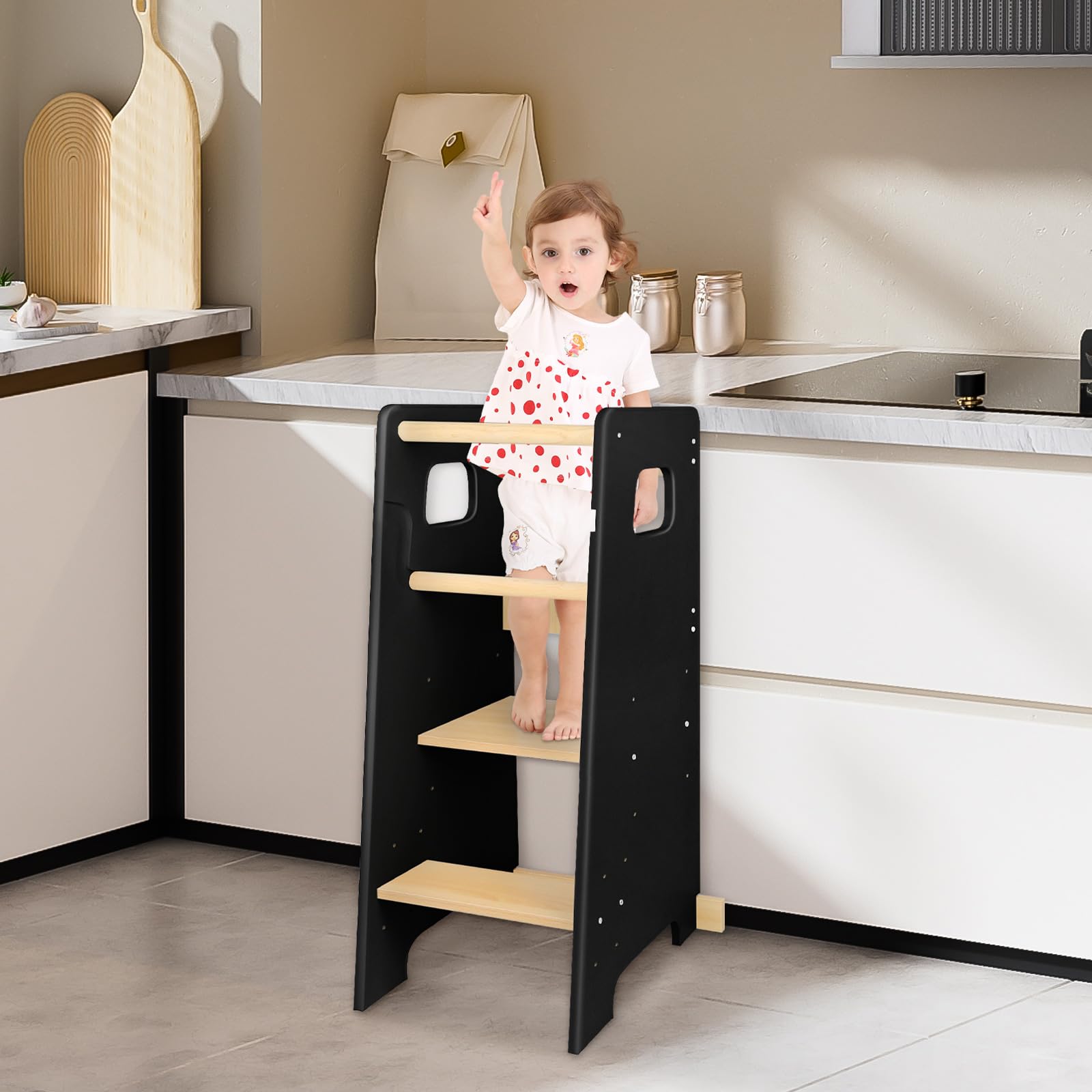Lernturm für Kinder aus Robuster Holz - mit 3 höhenverstellbaren Ebenen - Tritthocker Kinder - Learning Tower, Kinder Lernturm, Baby Stehen Fußstuhl (schwarz)