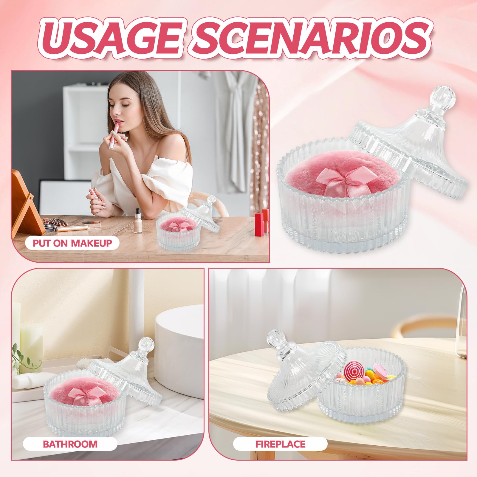 Set di contenitori per polvere in vetro con nappa in cipria, in polvere per il corpo, talco, o in vetro per caramelle, cioccolato, biscotti, come regalo per compleanno, Natale, feste, matrimoni