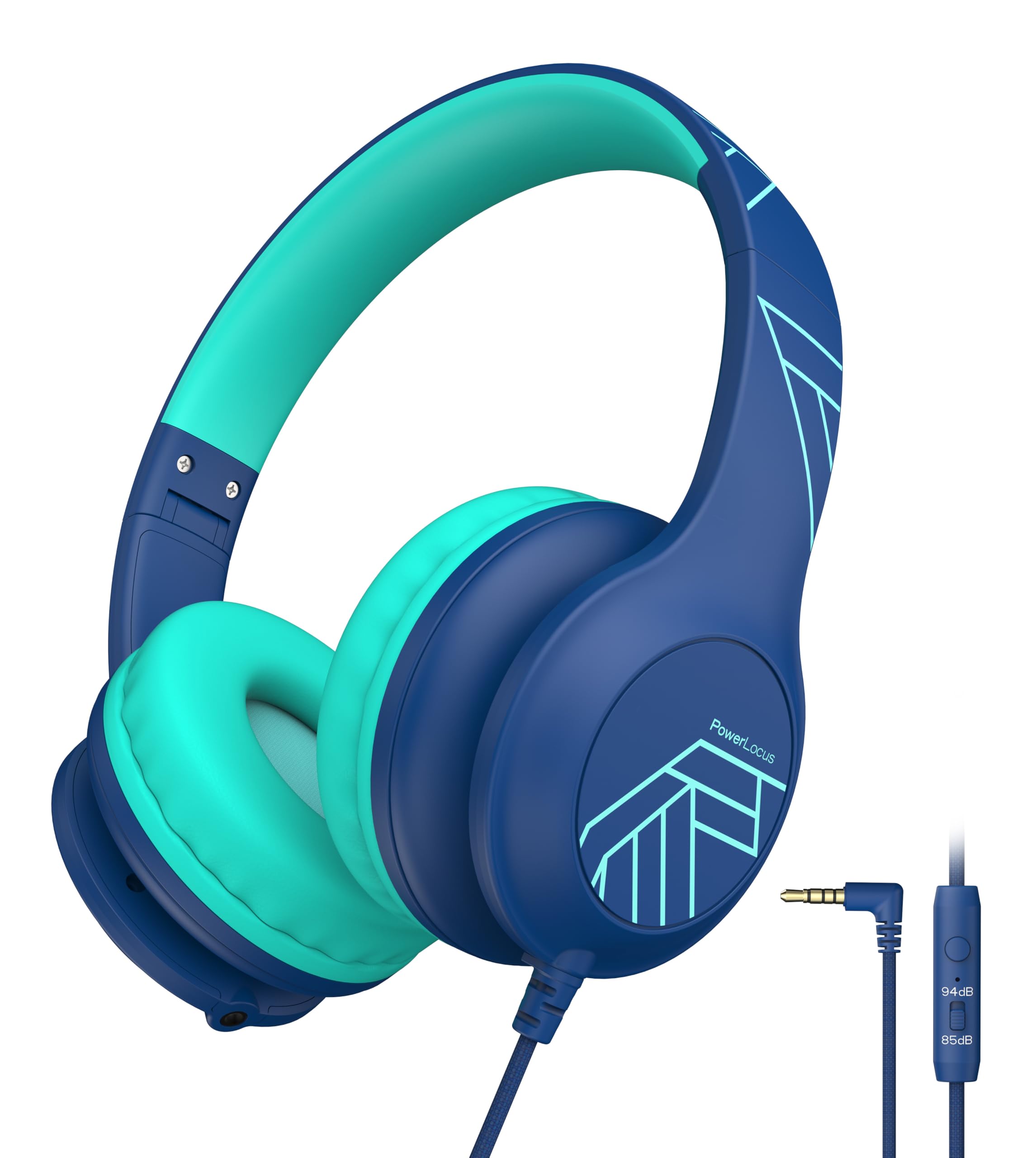 PowerLocus Cuffie per Bambini con Filo, Pieghevoli, Limitazione Volume 85/94dB, 3.5mm Jack, Microfono, Hi-Fi Stereo per Telefono/Viaggio/PC (Blu)
