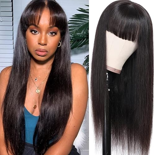 BuLaDou Pelucas de cabello humano lacio con flequillo, 13 x 4, HD, transparente, encaje frontal, pelucas para mujeres, cabello virgen brasileño, sin