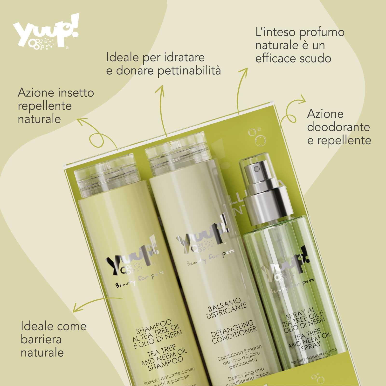 YUUP! - KIT INSETTO REPELLENZA | Shampoo e Spray al Tea Tree Oil e Olio di Neem e Balsamo districante, kit per cani e gatti ad azione insetto repellente naturale