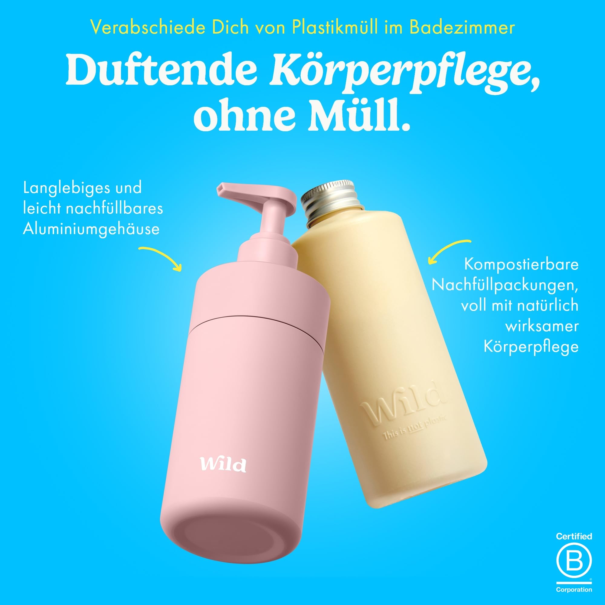 Wild Natürliches Nachfüllbares Duschgel-Starterset - in Rosa Case und einem 3er-Pack Duschgel-Nachfüllpackung in verschiedenen Duftrichtungen - Honey & Almond, Amber & Oud und Santorini Sunset