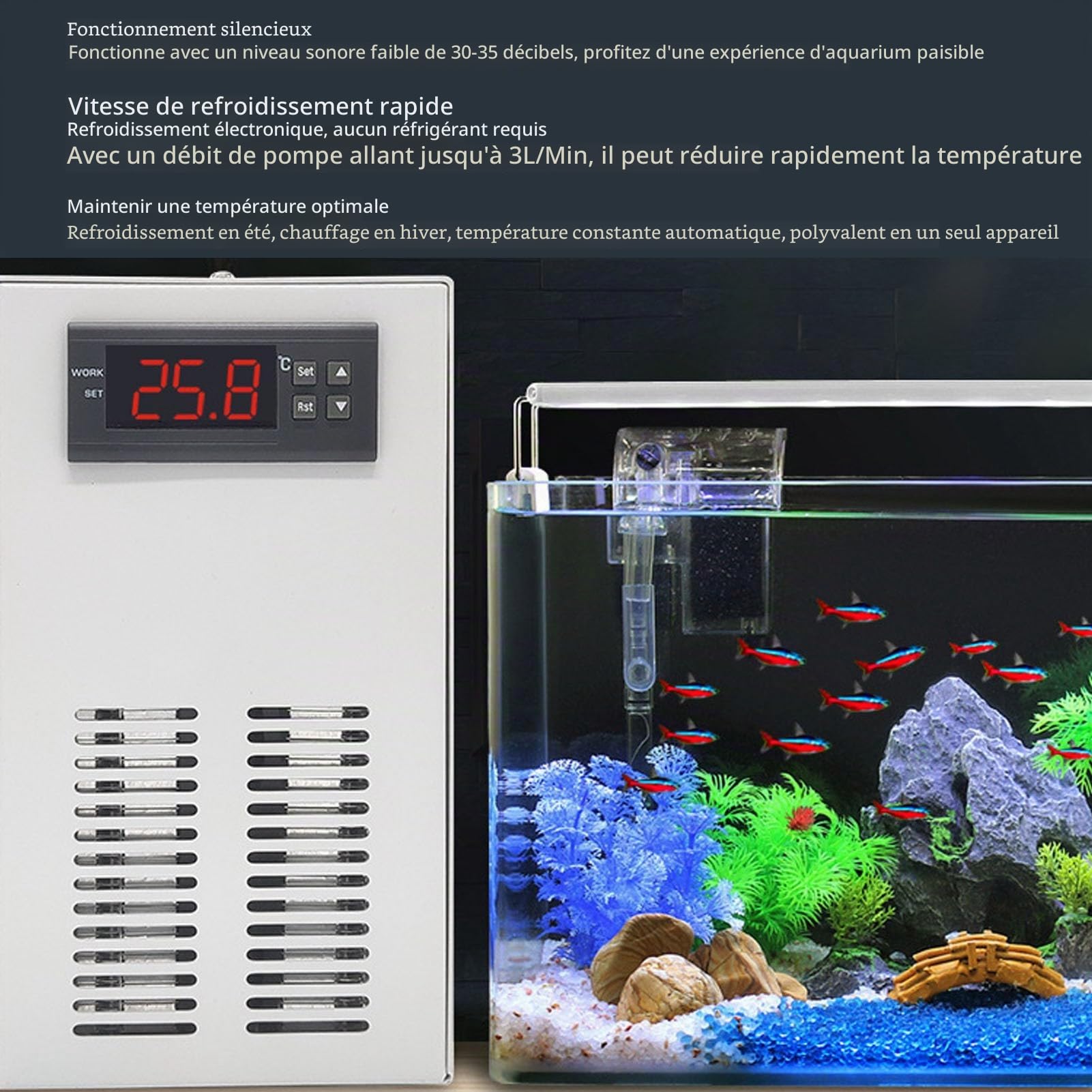 Refroidisseur d'Aquarium 72 W, Système de Refroidissement Aquarium pour Axolotl, Refroidisseur d'eau pour Aquarium 20 L avec Tuyau d'eau et Fonction Chauffage