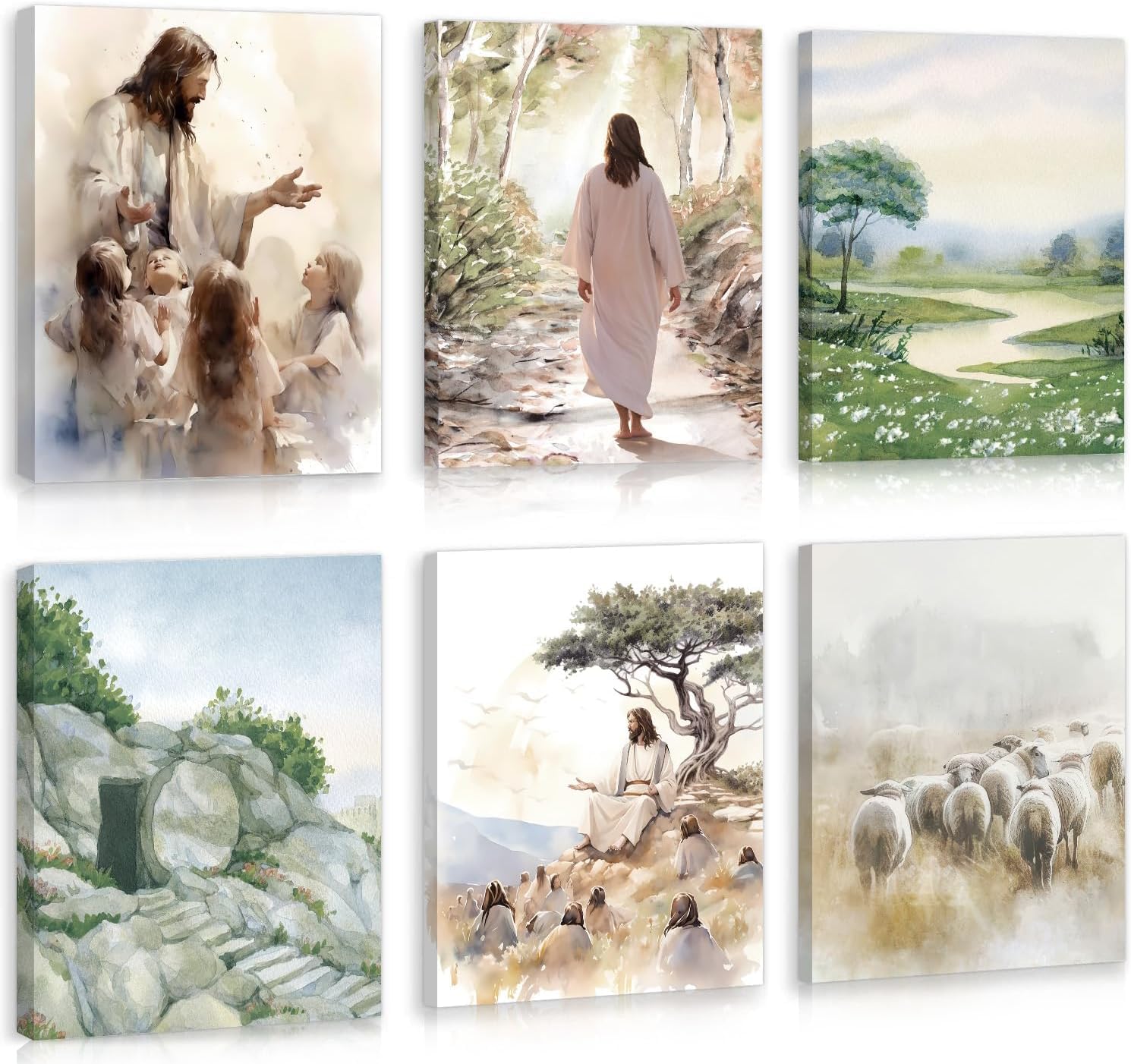 KAIRNE Jesus Pictures Christian Canvas holy Wall Art,Bible Verse Poster,Religious Scripture Poster Catholic Art Print,Sheep Jesus On The Way Empty Tomb Wall Decor Prints for Office Prayer Room Decor