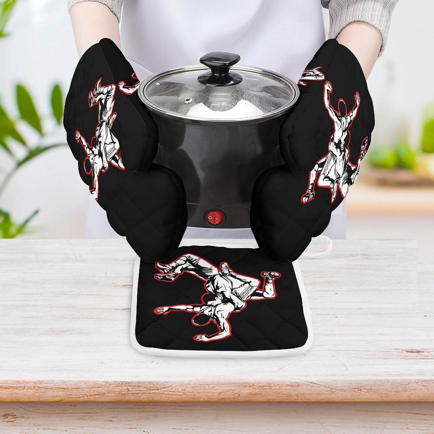 U.S. Wrestling Print Oven Mitts and Pot Holders 3 Piece Sets Heat Resistant Gloves Hot Pads Potholders for Kitchen Baking Cooking