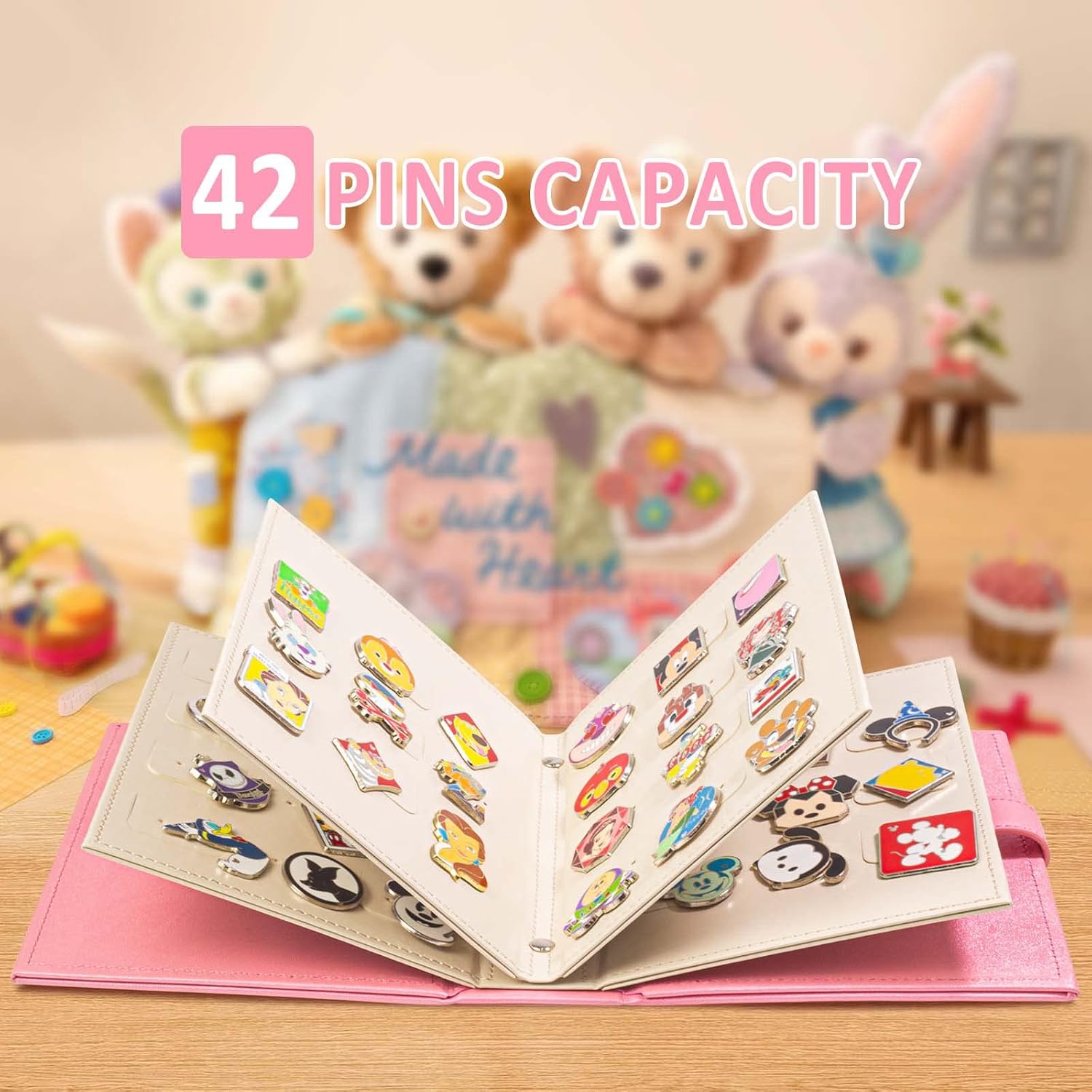 Enamel Pin Display Book, Portable Pin Trading Book, to Display and Trade Your Collection, 42 Pin Capacity, Leather Pin Holder, Fits Rubber Pin Back, Pink