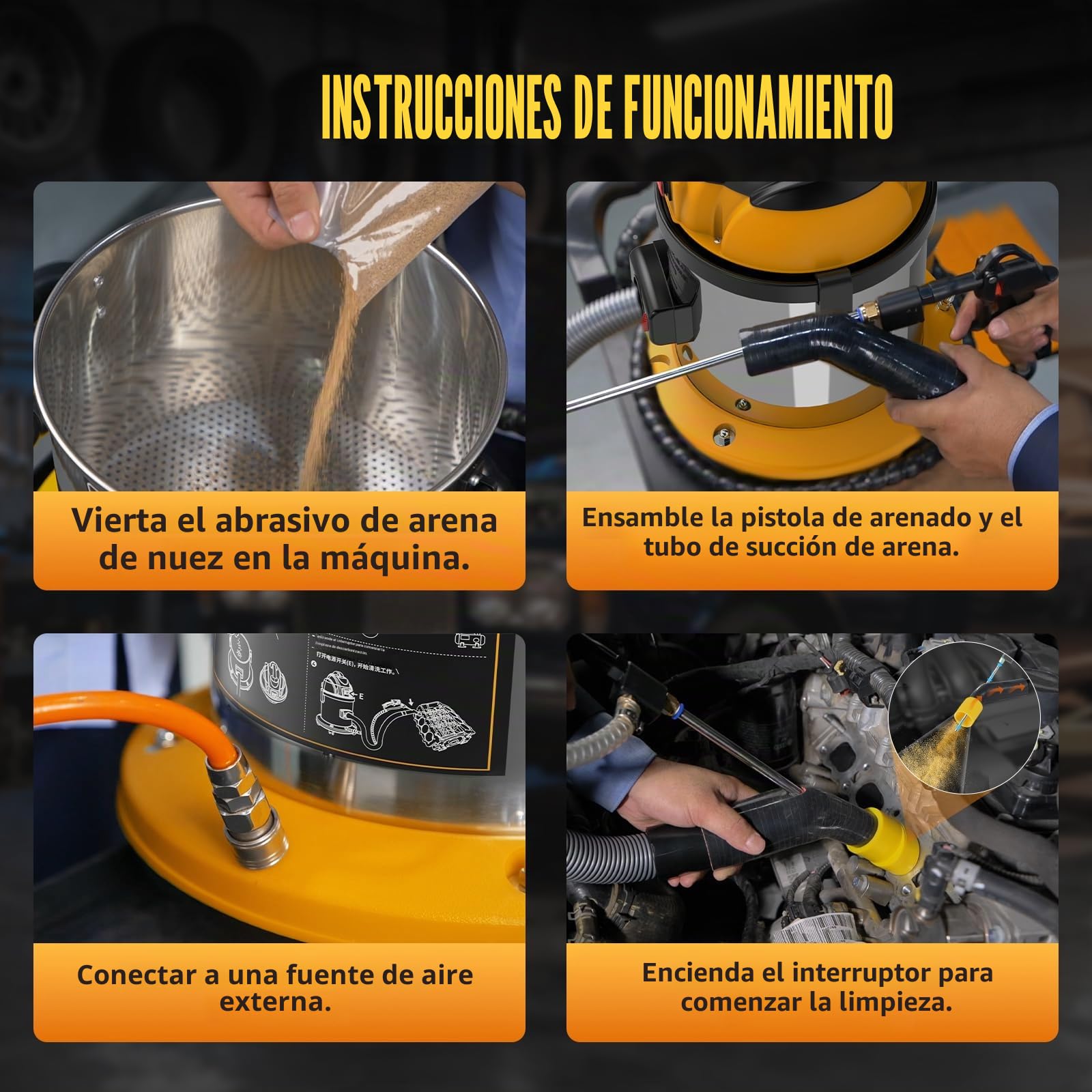Máquina de chorro de arena de nuez HTS558, Eliminación de carbono en motor para reducir consumo de combustible, limpieza de válvulas de admisión - Incluye 5 adaptadores y 2 kg de arena de nuez