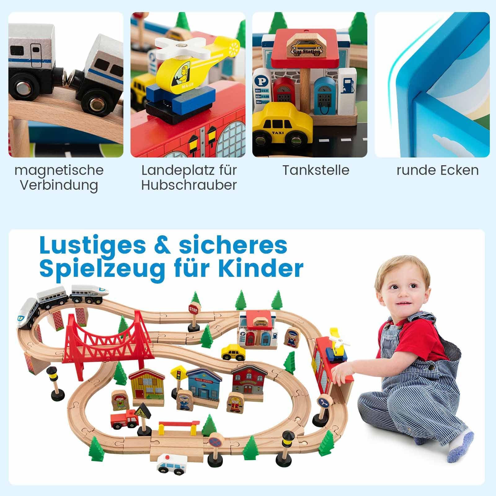 FANTASK Set di 80 ferroviari per bambini, tavolo da gioco in legno con tavolo reversibile e rimovibile, giocattolo per bambini dai 3 anni in su (80 pezzi)