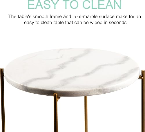 Miniatura 4 de Mesa auxiliar redonda de metal con parte superior de mármol puro, moderna mesita de noche ligera pequeña para sala de estar, dormitorio, espacio