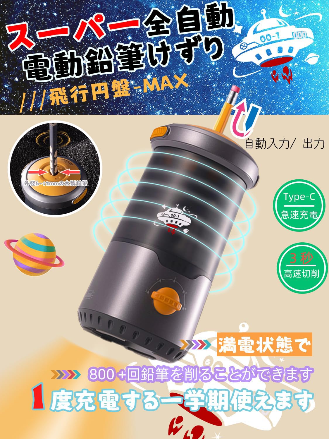 Amazon.co.jp: 電動鉛筆削り 全自動 電動シャープナー 自動出し入れ 6
