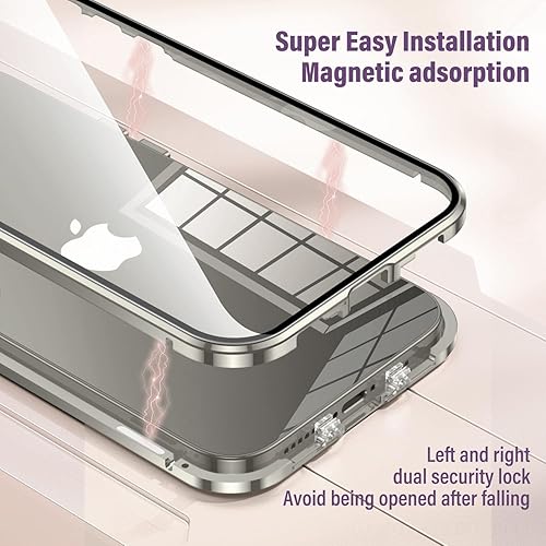 Miniatura 4 de KumWum Funda magnética para iPhone 15 Pro Max Protección frontal y trasera Protector de pantalla de vidrio Parachoques de metal Hebilla de doble