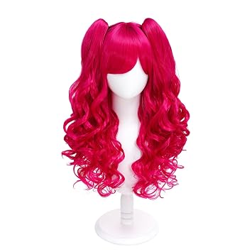 ByouByou Long Curly Lolita Cosplay Wig with Detachable ClipOn Double Ponytails, Heat Resistant Synthetic Big Wavy Wigs for Women, Anime Halloween Party Costume Accessories Hot Pink