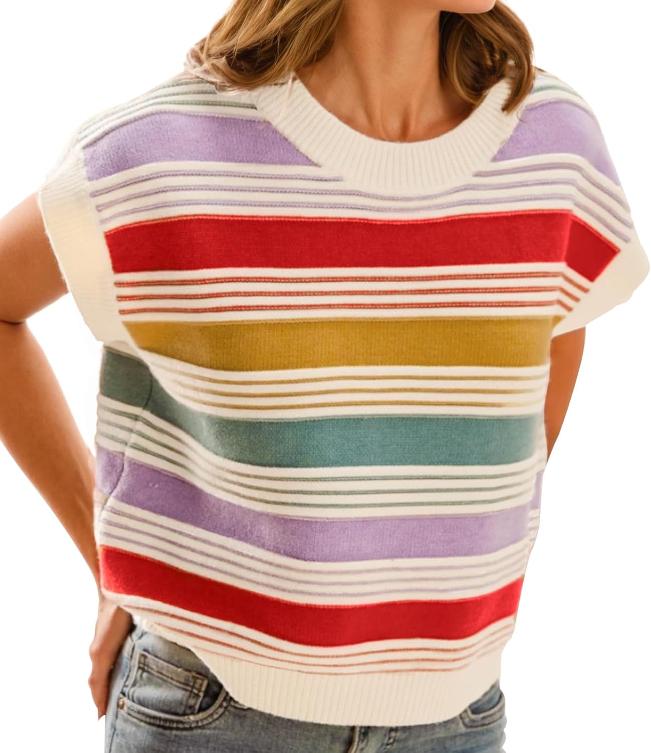 FireSwan Womens Cap Sleeve Sweater Vest Striped Color Block Loose Tank Tops Trendy Vacation Outfits Cute Summer Spring Top