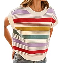 Womens Cap Sleeve Sweater Vest Striped Color Block Loose Tank Tops Trendy Vacation Outfits Cute Summer Spring Top