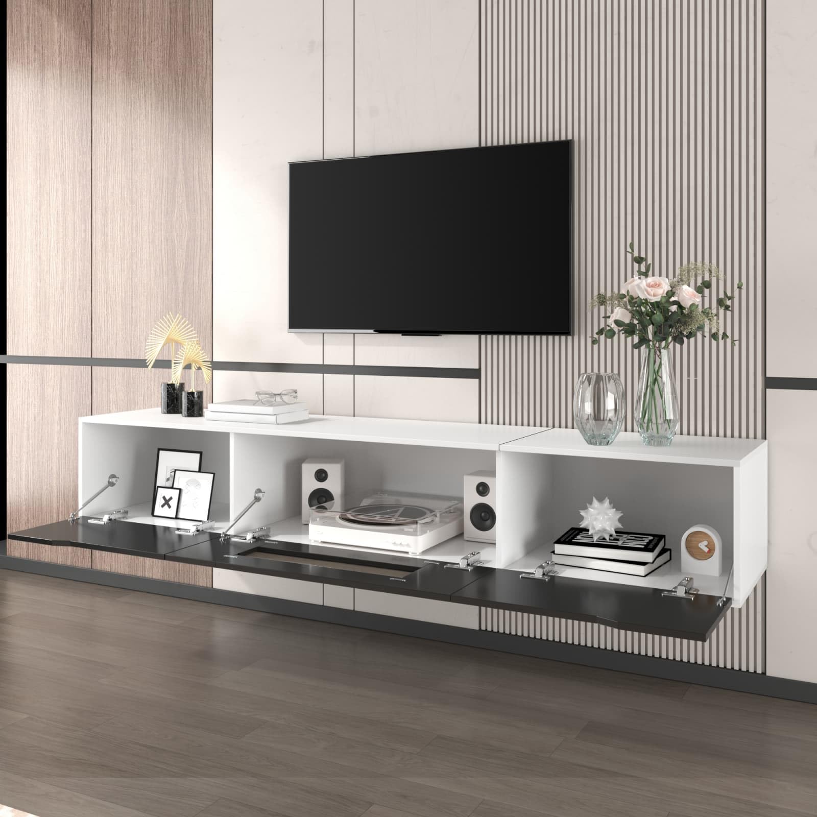 PUGSDRLY Meuble TV Bas avec 3 Compartiments de Rangement,Meuble TV Moderne avec lumière LED changeant de Couleur,180x35x30cm (Noir+Blanc,Trou carré)