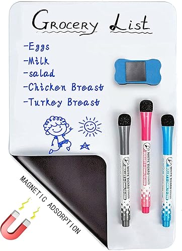 Pizarra blanca magnética de borrado en seco para refrigerador de 12 x 8 pulgadas, con tecnología resistente a las manchas, incluye 3 marcadores y