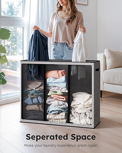 Miniatura 2 de SOLEDI Cesta de ropa sucia de 180L de 3 secciones, cesta de ropa sucia extra grande con tapa, cesta de ropa sucia con asa resistente, organizador de