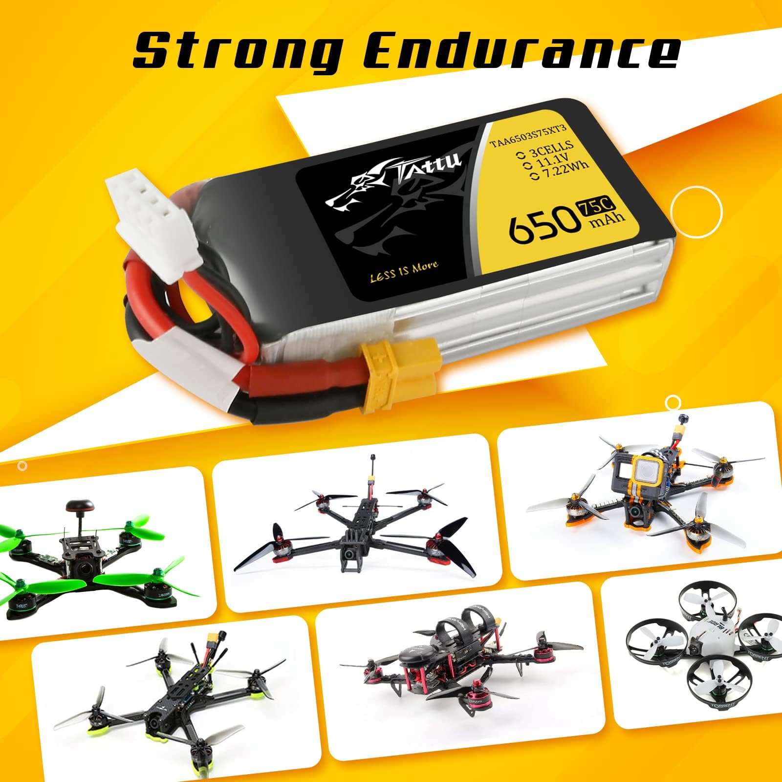 Tattu 3S 650mAh 11.1V 75C 3S1P Lipo Pack Akku mit XT30 Stecker für UAV