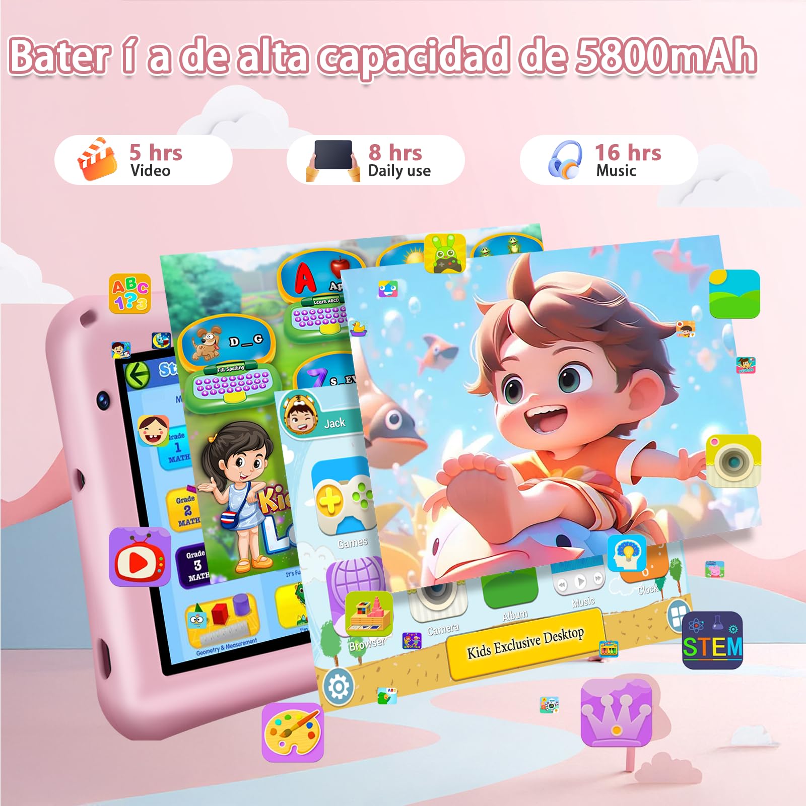 Tablet para Niños 7 Pulgadas,Android Tablet,8GB RAM 64GB ROM (mpliable 256 GB), Control Parental, WiFi, Bluetooth, Kids Tablette Tactile Éducative Avec Kid-Proof Étui-Rosa — view 3