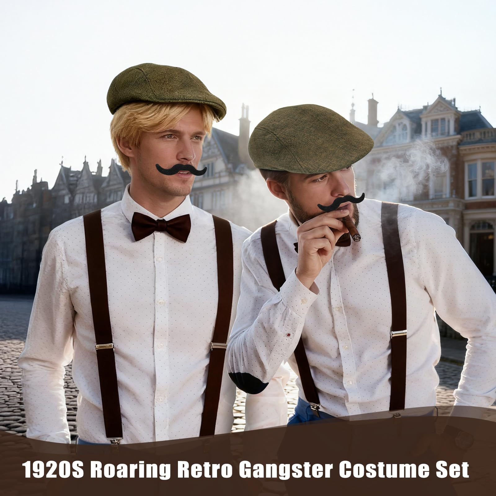 8PCS Akcesoria Męskie z Lata 20, Kostium Great Gatsby Gangster, Przebranie z Lata 1920, z Beret, Męski Zegarek Kieszonkowy, Bretele, Muszka, Brokat, Okulary, Krawat