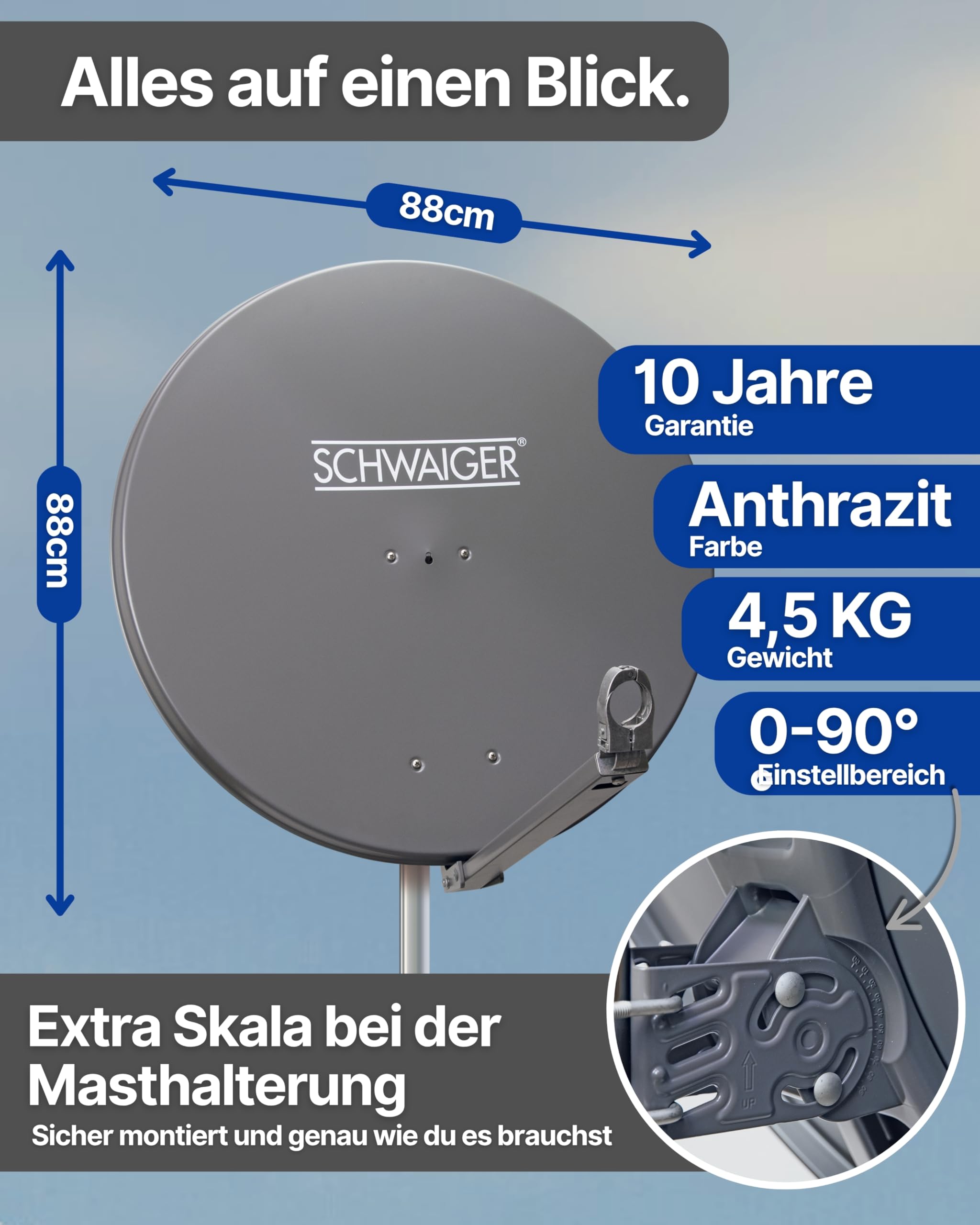 SCHWAIGER Satellitenschüssel Komplettset Ø 88 cm Aluminium Offset Antenne Anthrazit Quad LNB 4-Fach Digital HD 4K Empfang wetterfest