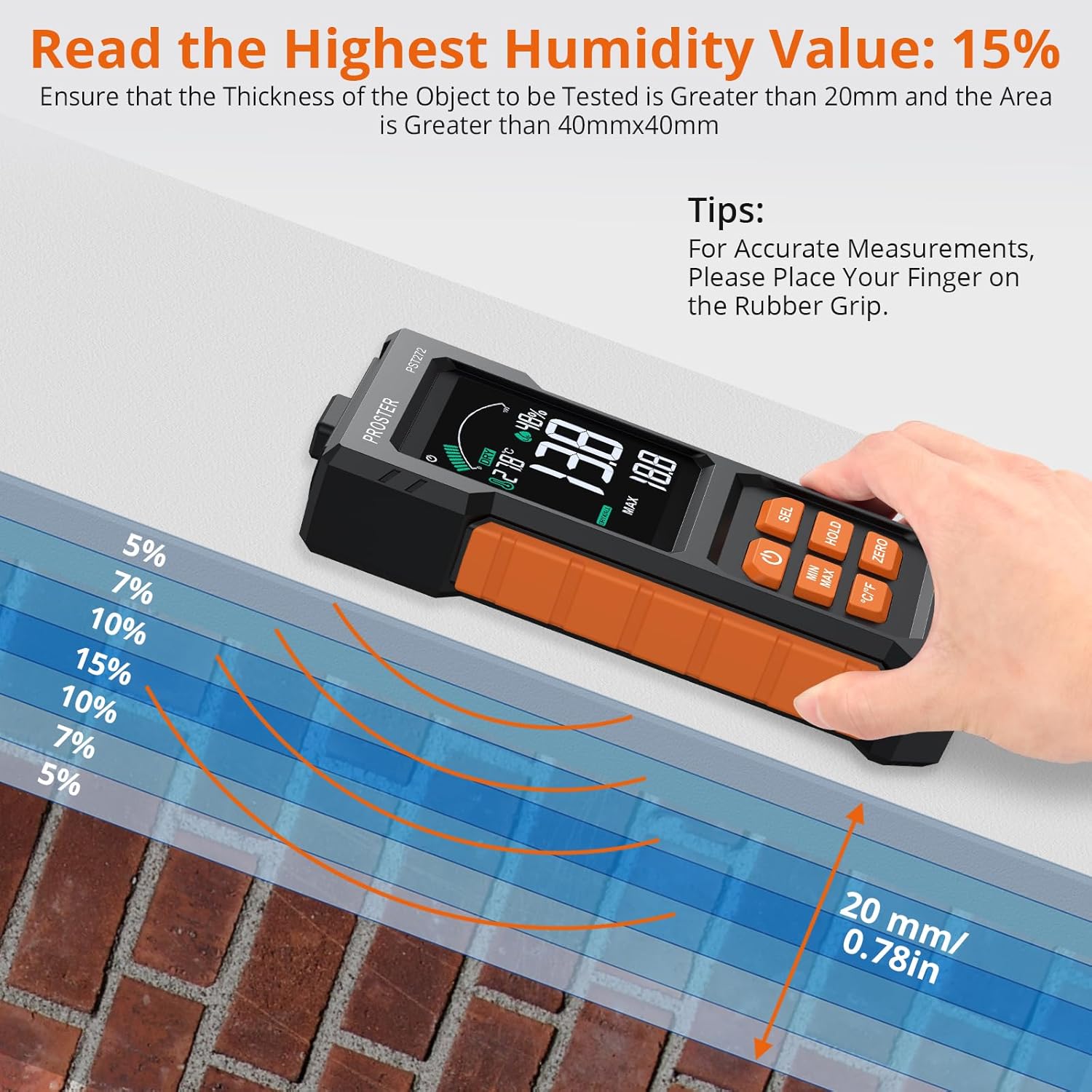 PROSTER Pinless Moisture Meter PST272 demonstrating depth sensing