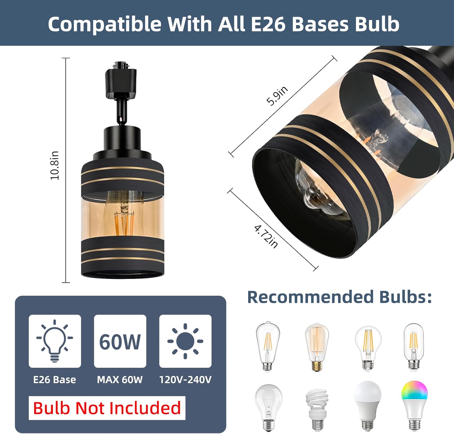 4-Pack H Track Lighting Heads, Black Track Light Heads with Amber Glass Lampshade, Black & Gold Printed Accents, E26 H Type Track Lighting Replacement Heads (Bulbs & Rails Not Included)