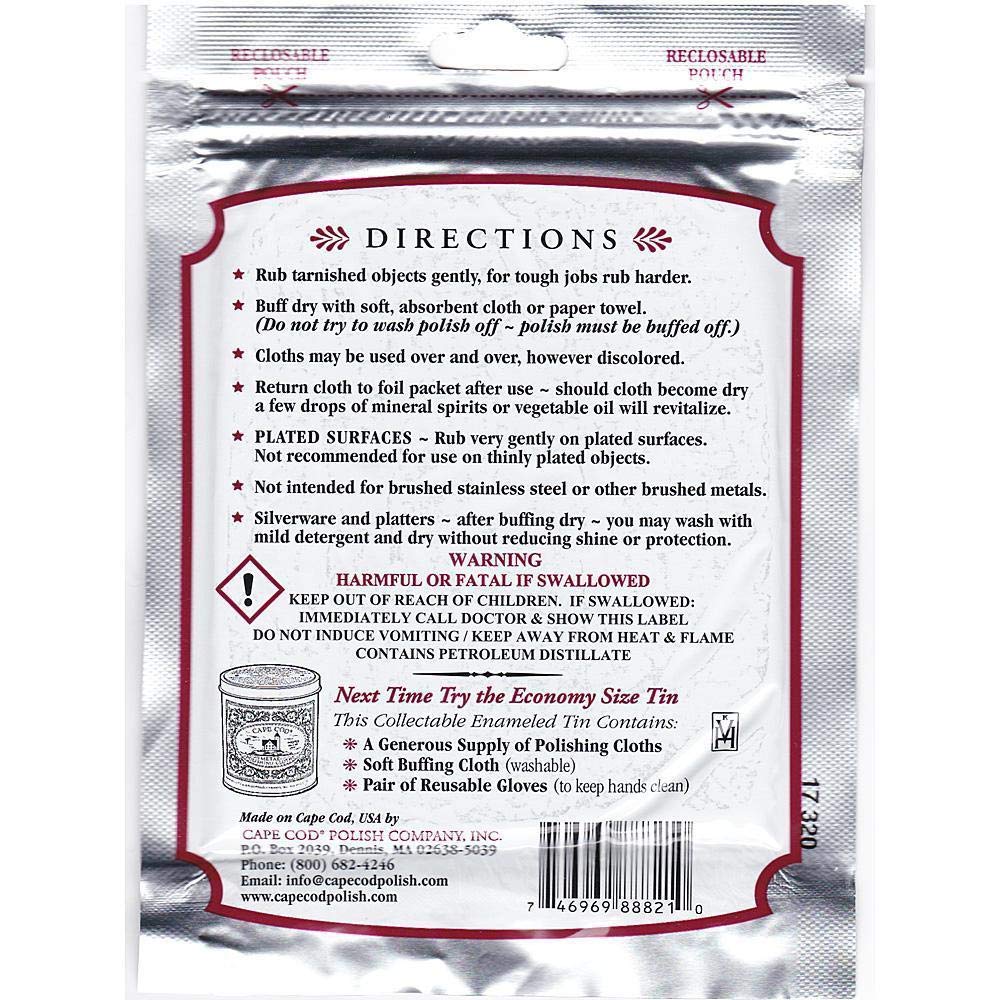 Cape Cod Polish Co Metal Polishing Cloths Foil Pouch 0.53oz, Stainless