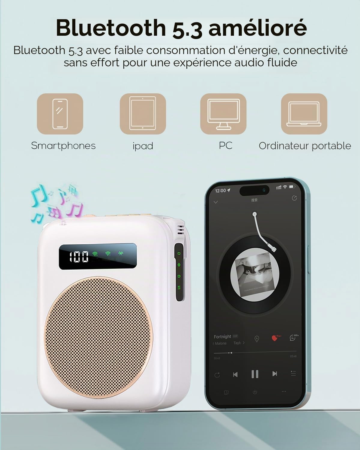 Amplificateur de Voix sans Fil Portable, Mini Amplificateur Vocal avec 2 Microphones à Revers, Beige