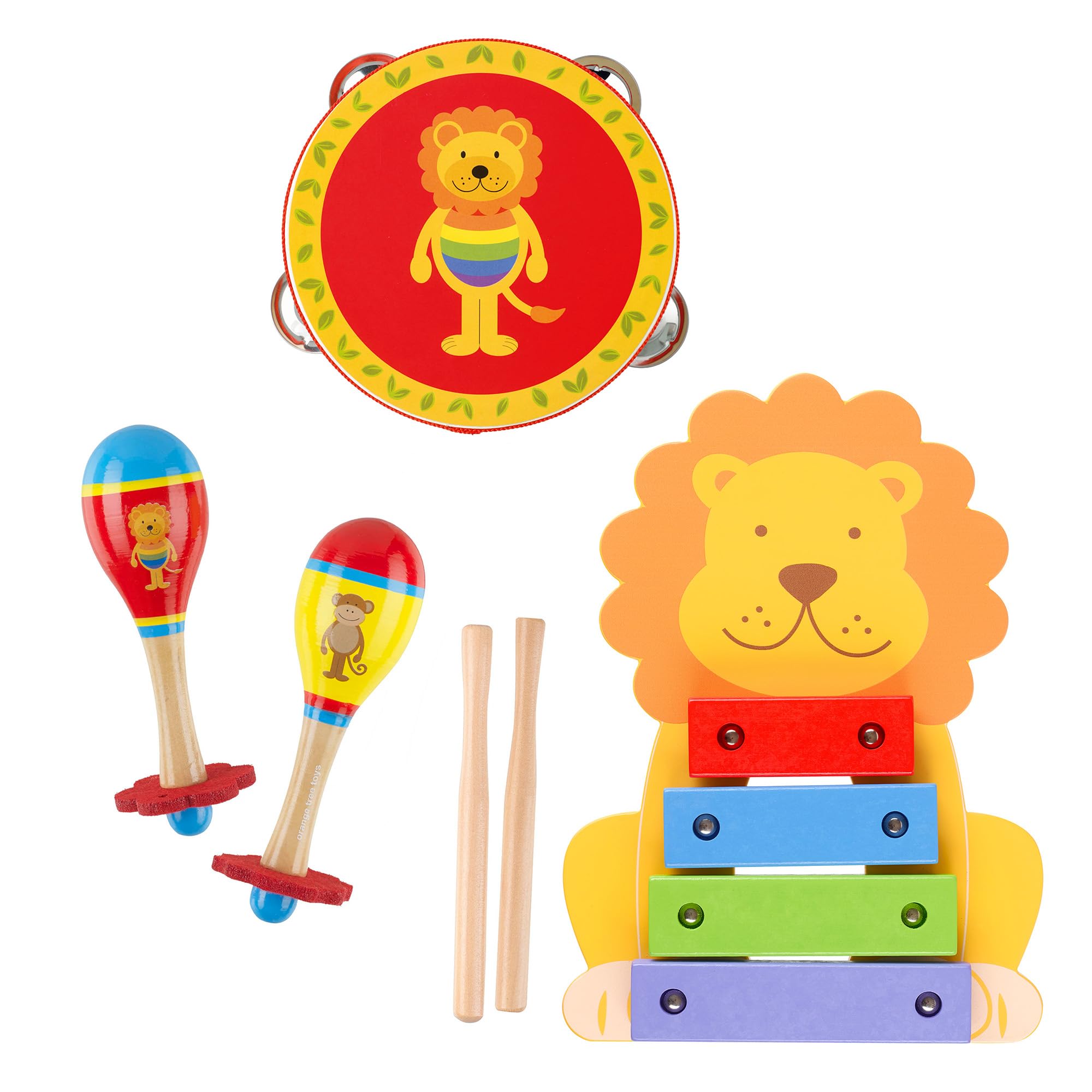 Lion & Monkey Wooden Musical Instruments Set for 18 months Olds, Toddlers - Wooden Musical Toys, Montessori Toddler Toys - Early Development & Activity Toys by Orange Tree Toys