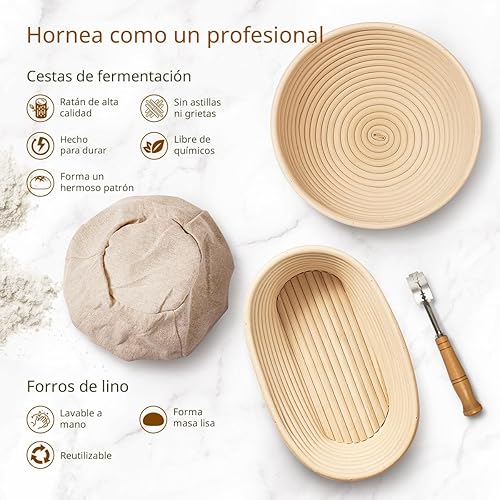 Miniatura 2 de Kit de iniciación de masa madre, 9 pulgadas redondas y 10 pulgadas ovaladas Banneton para pan, suministros para hornear pan de masa madre con