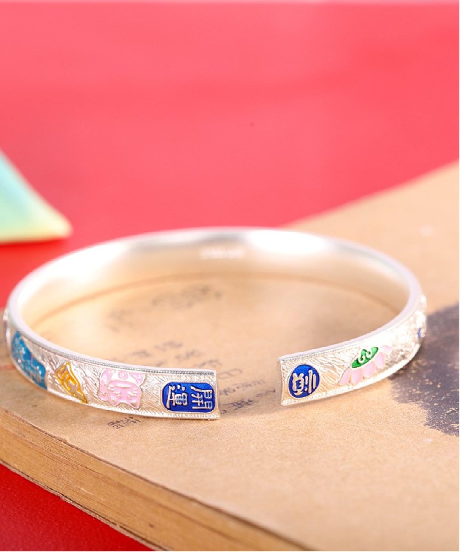 Braccialetti d'argento, braccialetti da braccialet Bracciale rigido aperto di buon auspicio in argento sterling S999 da donna, smaltato, artigianato tradizionale, accessorio perfetto for appuntamento,